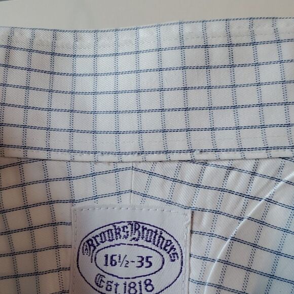 BROOKS BROTHERS WHITE BLUE PLAID NON-IRON COTTON MEN'S DRESS SHIRT 16.5 5 WINDOW - Picture 2 of 5
